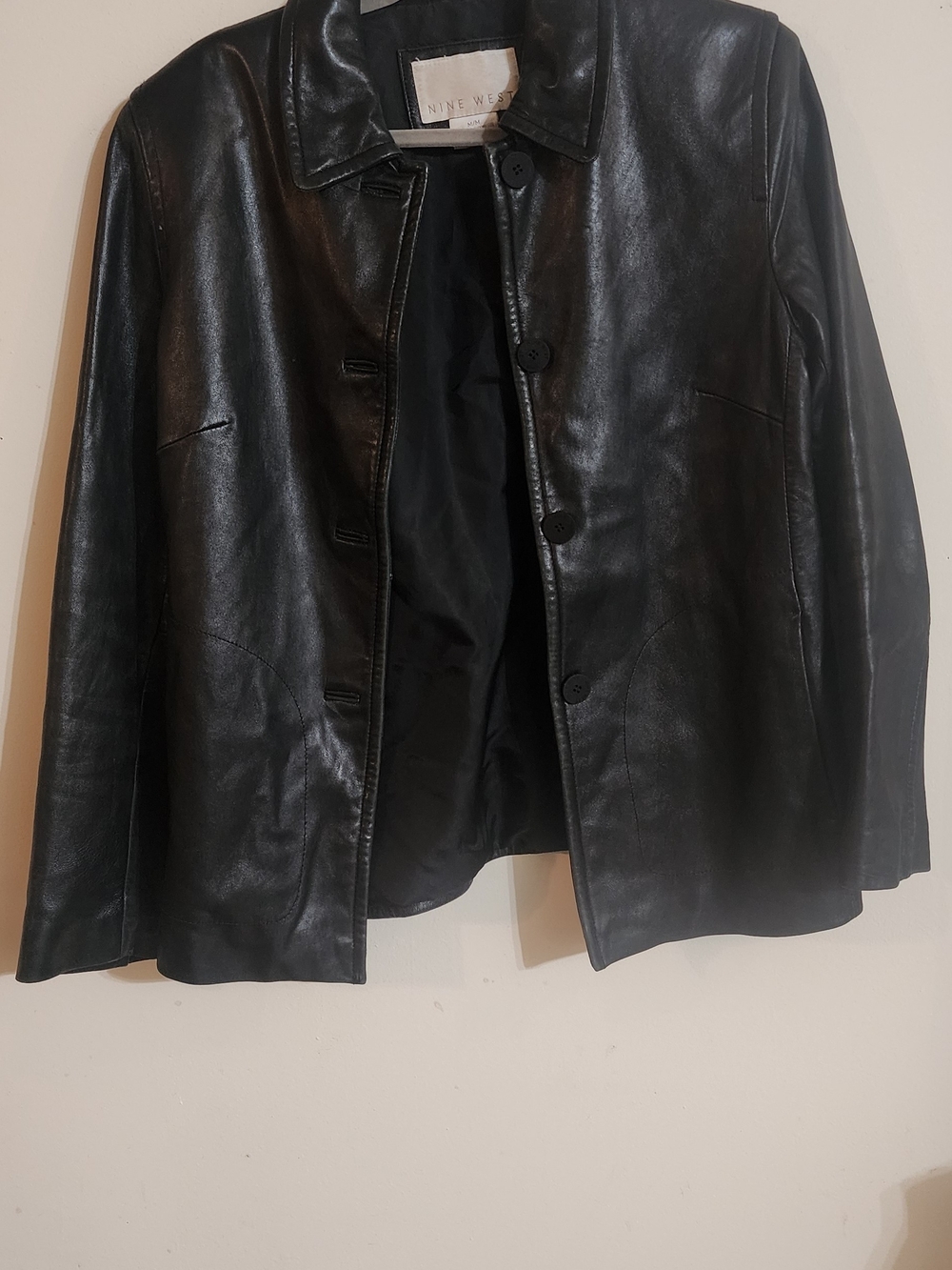 Nine West Black Genuine Leather Button-Front Car Coat Jacket Medium M